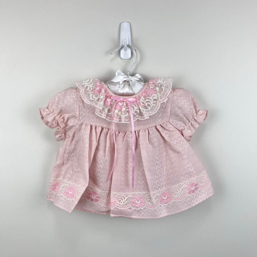 Vintage Pink Lace Ruffle Flower Dress Set 6-9 Months USA